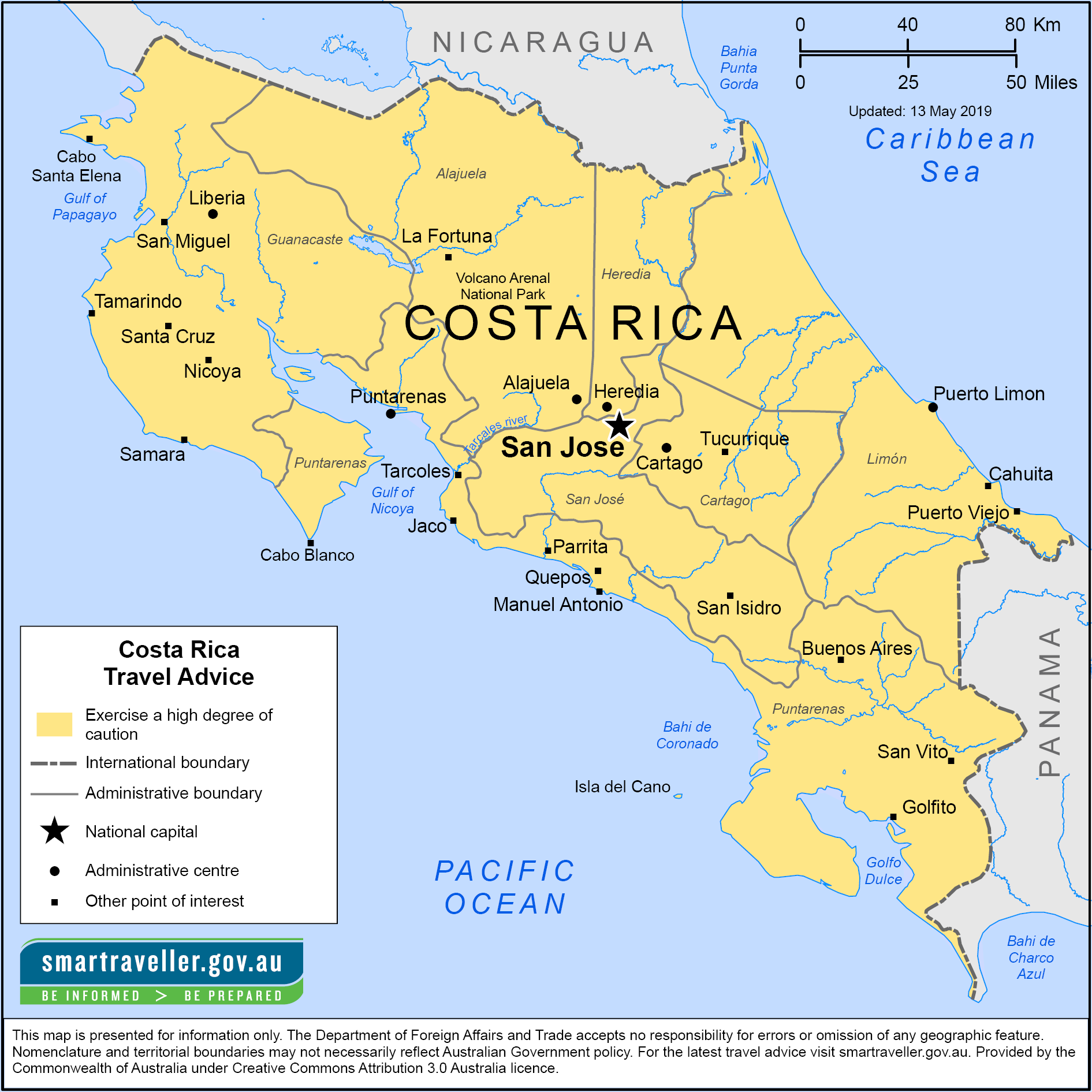 Costa Rica Map Key | Map of Atlantic Ocean Area