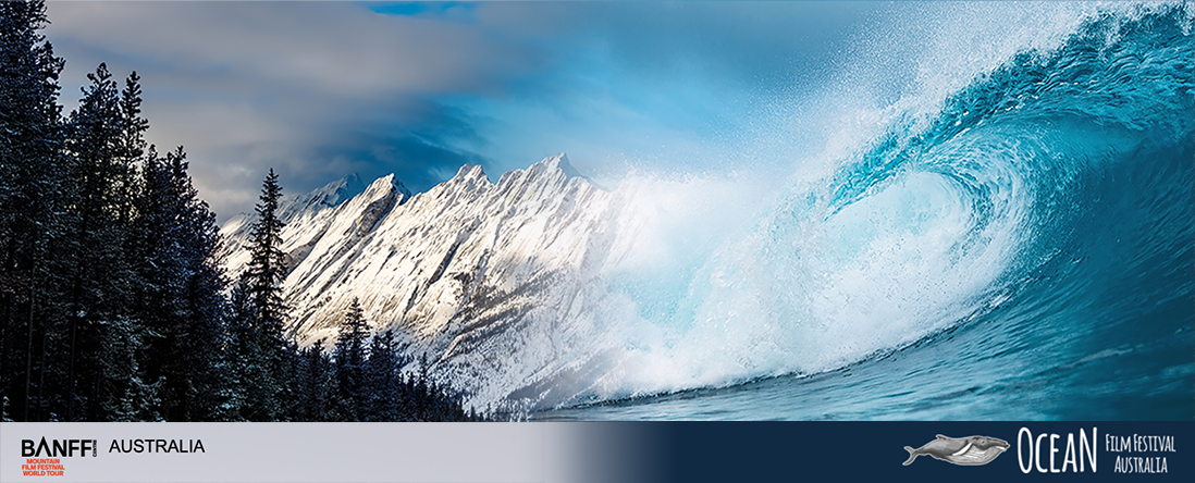 Banff Film Festival and Oceans film festival logos on wave and mountain background
