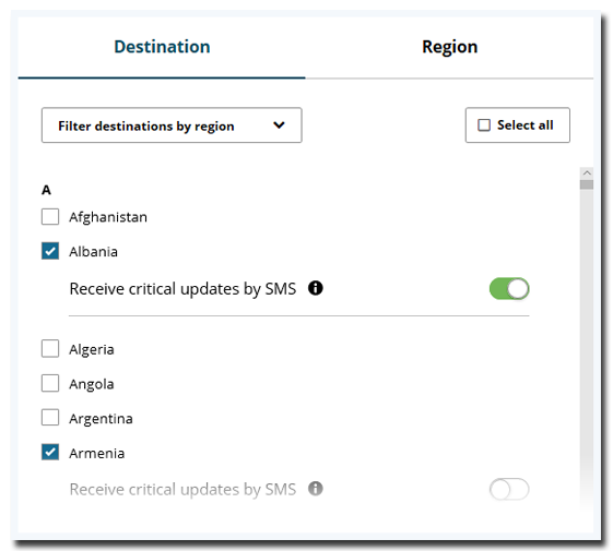SMS preferences in the subscription portal