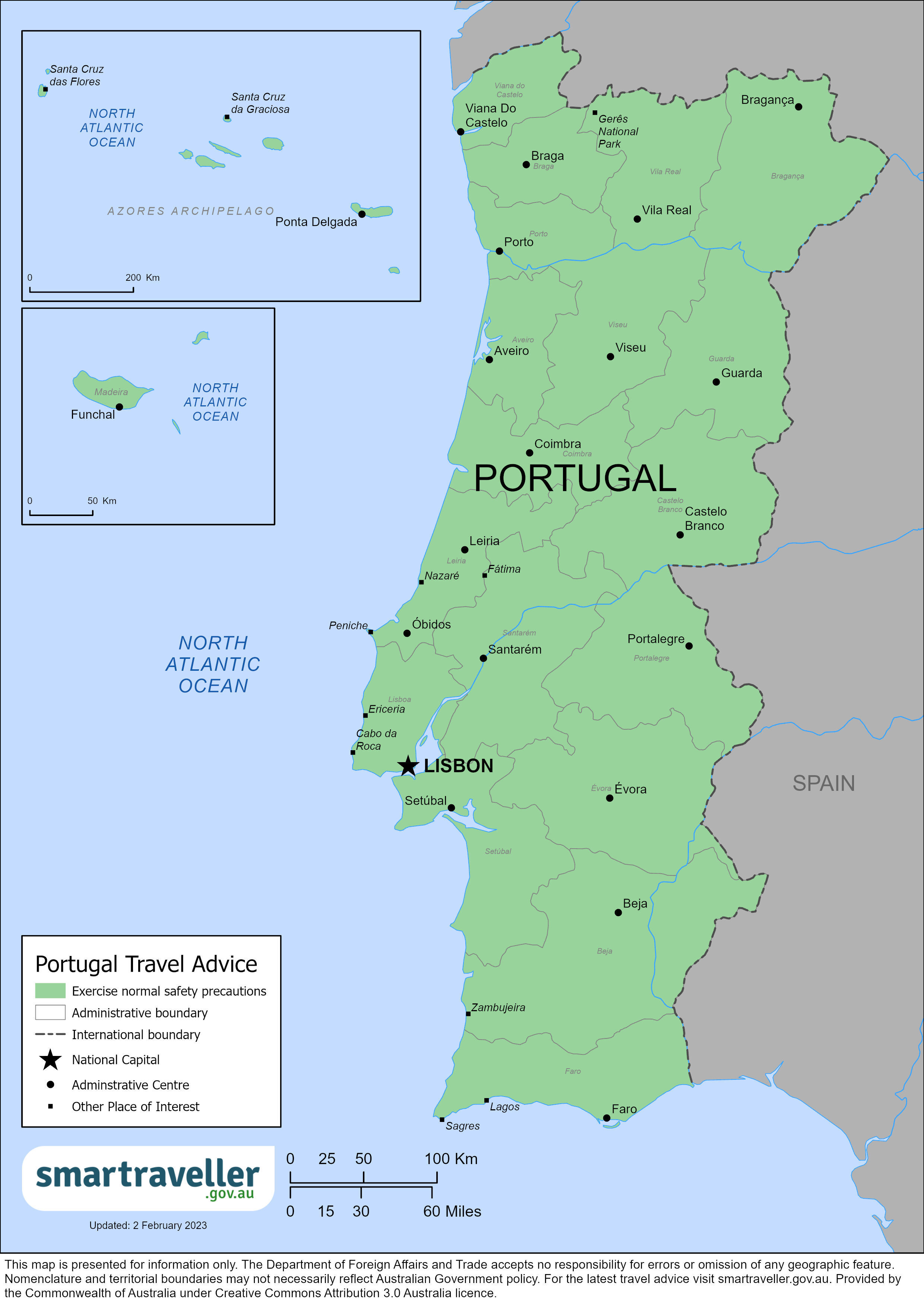 Colorful Portugal political map with clearly labeled, separated