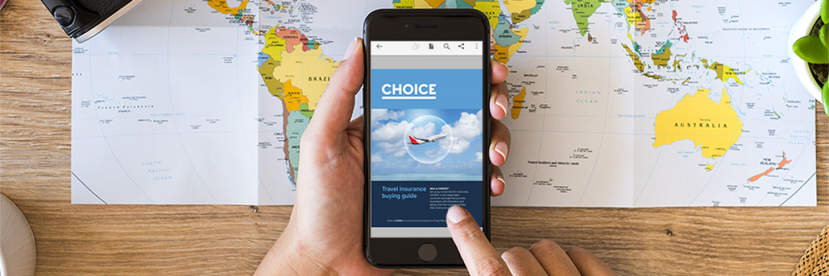 CHOICE travel insurance buying guide front cover on phone screen