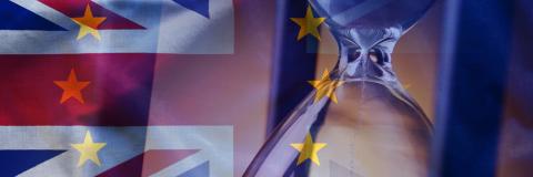 British and EU flags with an hourglass imposed over the top